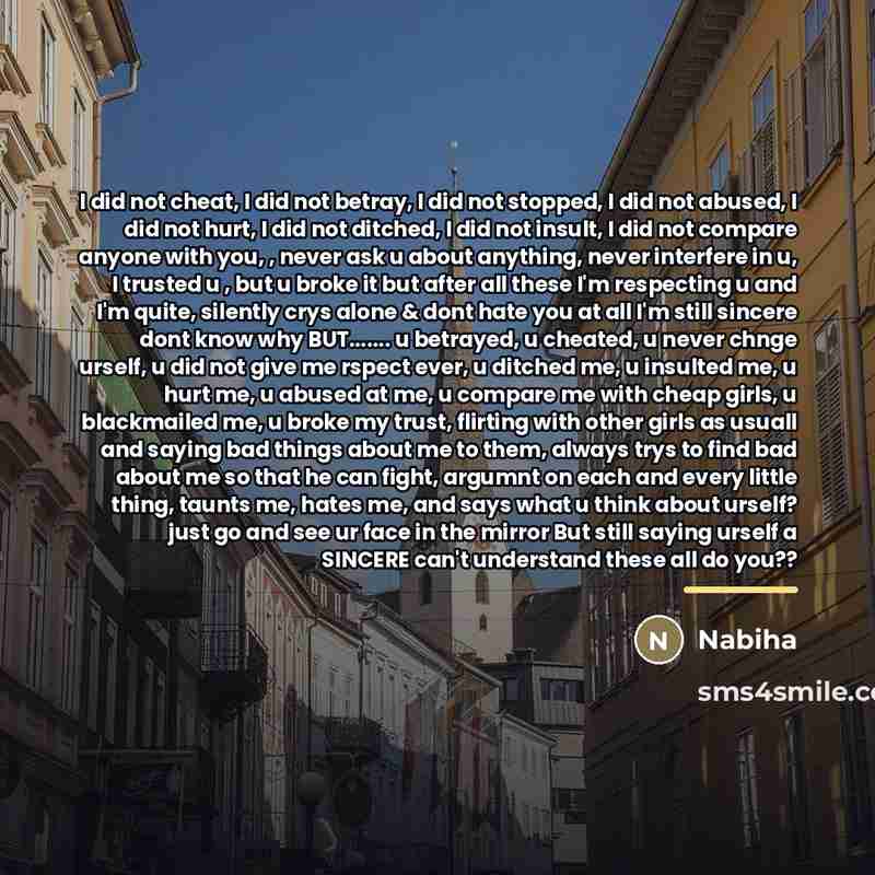 “I did not cheat, I did not betray, I did…” quote by Nabiha