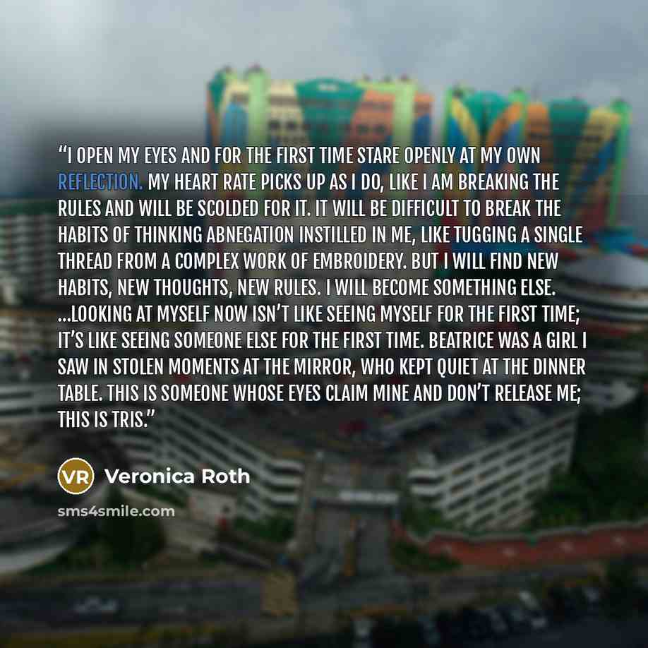“I open my eyes and for the first time stare openly at my own reflection. My heart rate picks up as I do, like I am breaking the rules and will be scolded for it. It will be difficult to break the habits of thinking Abnegation instilled in me, like tugging a single thread from a complex work of…” quote by Veronica Roth