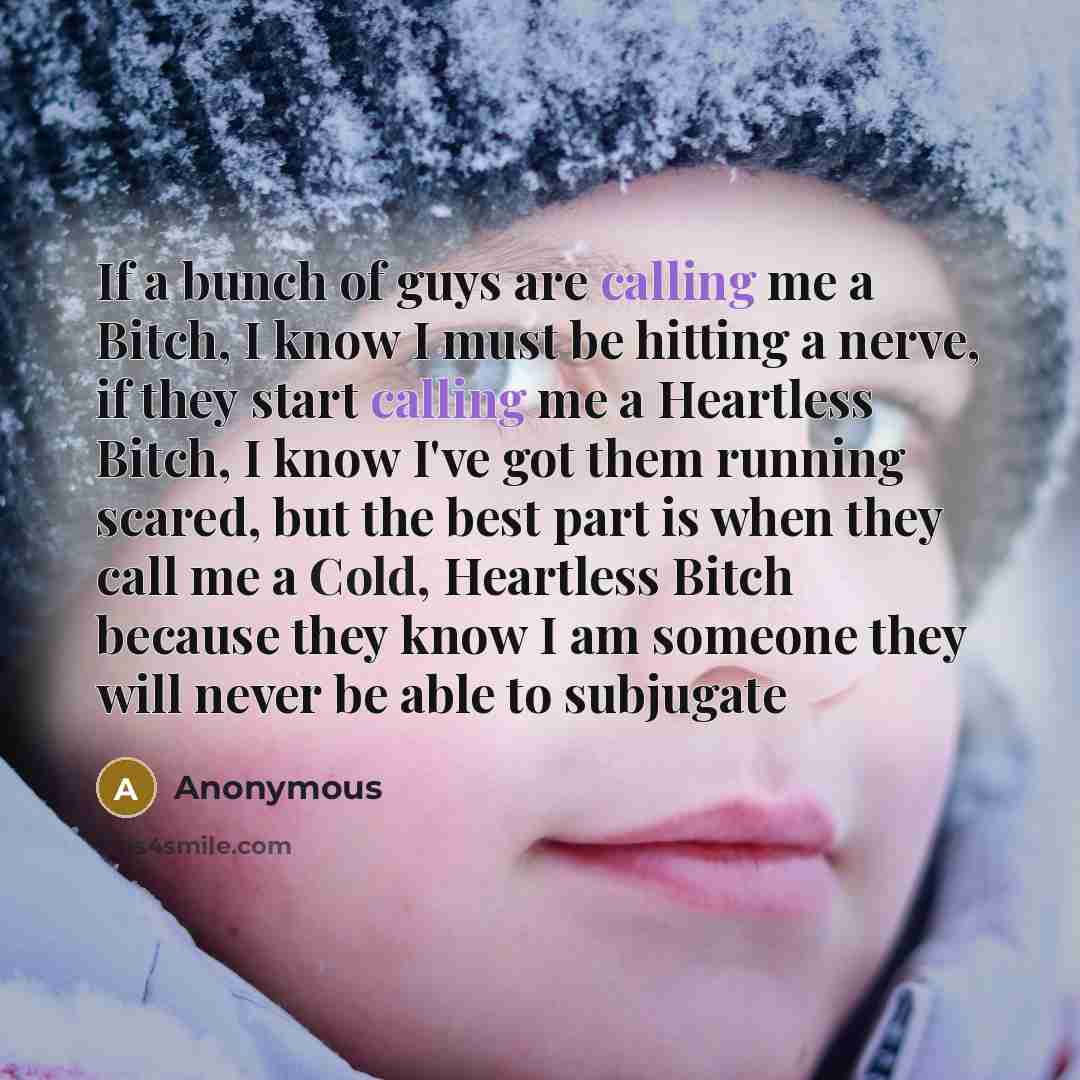 “If a bunch of guys are calling me a Bitch, I know I must be hitting a nerve, if they start calling me a Heartless Bitch, I know I've got them running scared, but the best part is when they call me a Cold, Heartless Bitch because they know I am someone they will never be able to subjugate” quote by Anonymous