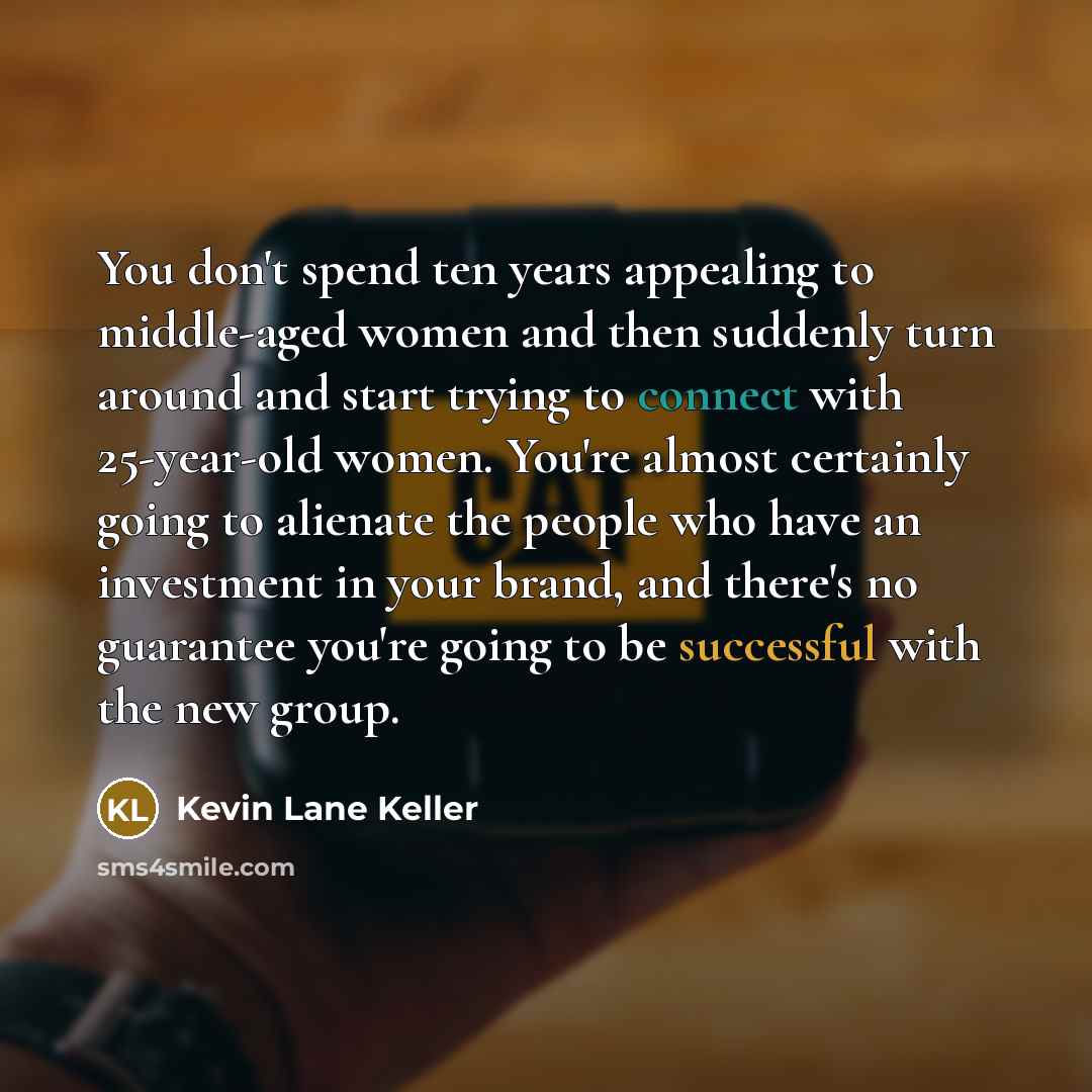 “You don't spend ten years appealing to middle-aged women and then suddenly turn around and start trying to connect with 25-year-old women. You're almost certainly going to alienate the people who have an investment in your brand, and there's no guarantee you're going to be successful with the new…” quote by Kevin Lane Keller