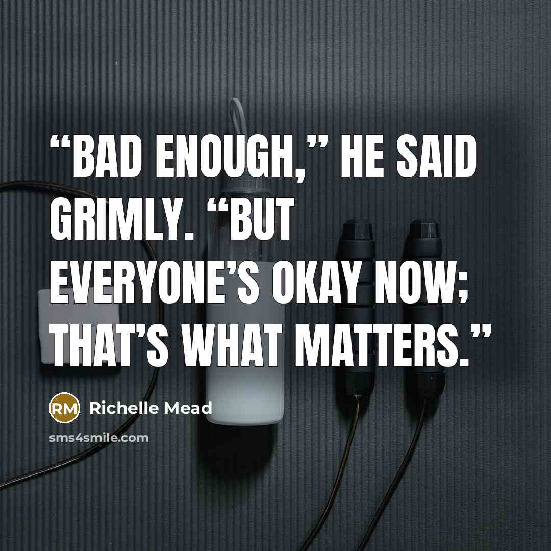 “Bad enough,” he said grimly. “But everyone’s okay now; that’s what matters.” quote by Richelle Mead
