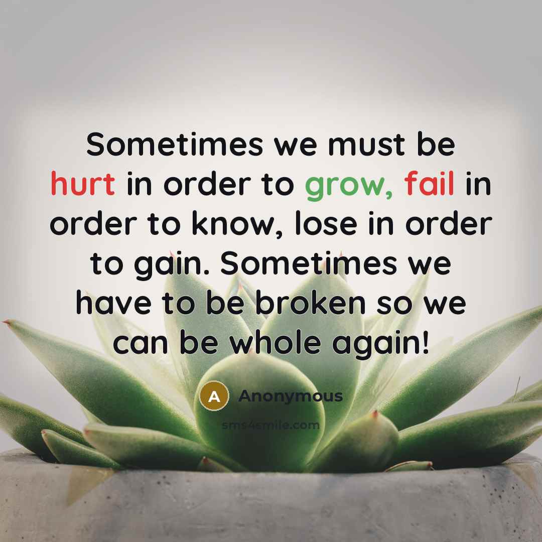 “Sometimes we must be hurt in order to grow, fail in order to know, lose in order to gain. Sometimes we have to be broken so we can be whole again!” quote by Anonymous