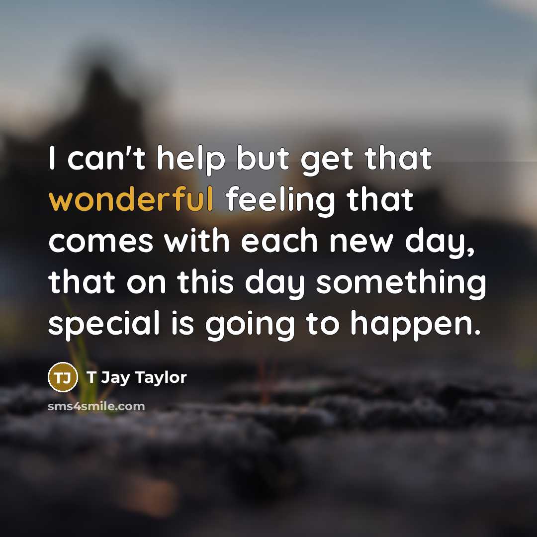 “I can't help but get that wonderful feeling that comes with each new day, that on this day something special is going to happen.” quote by T Jay Taylor
