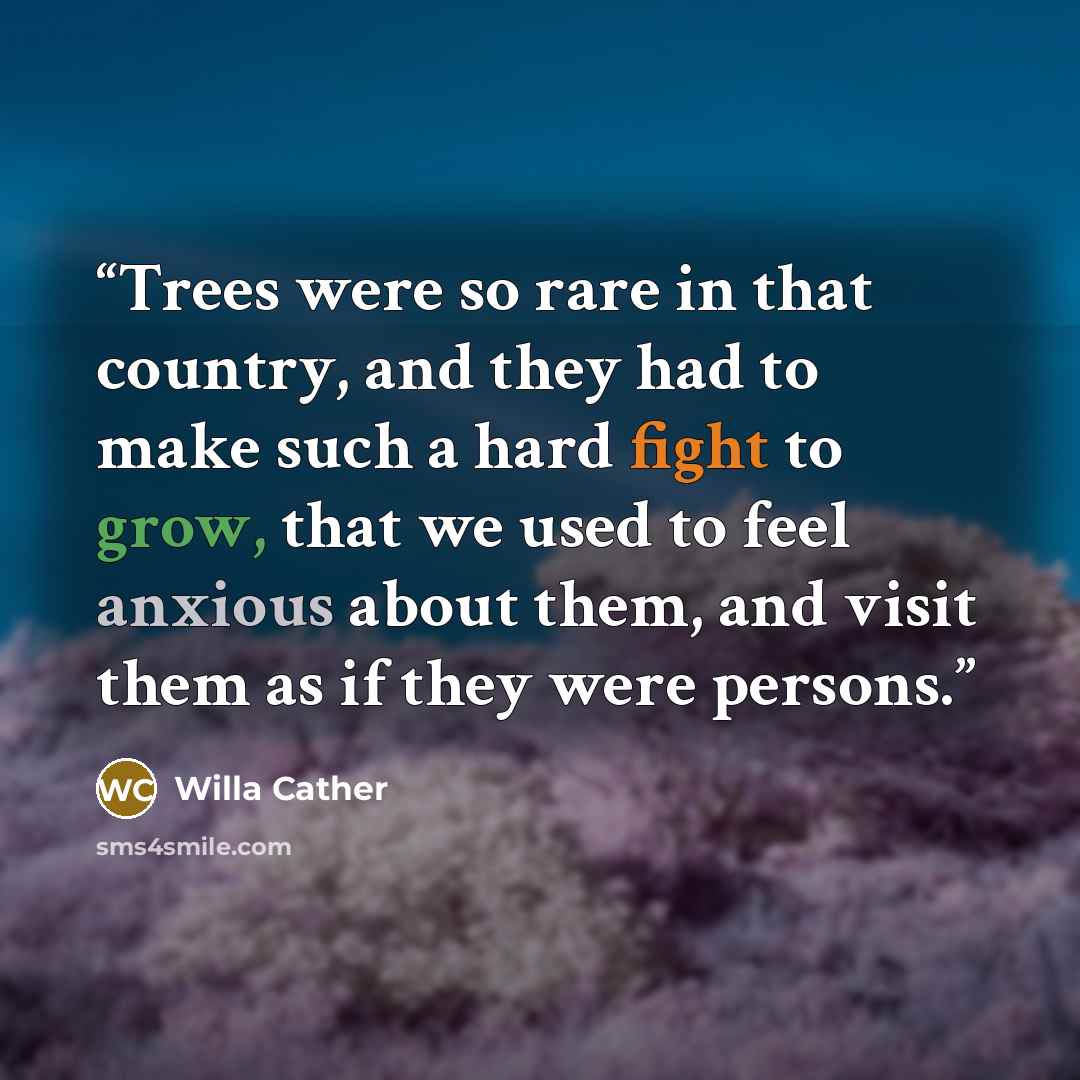 “Trees were so rare in that country, and they had to make such a hard fight to grow, that we used to feel anxious about them, and visit them as if they were persons.” quote by Willa Cather