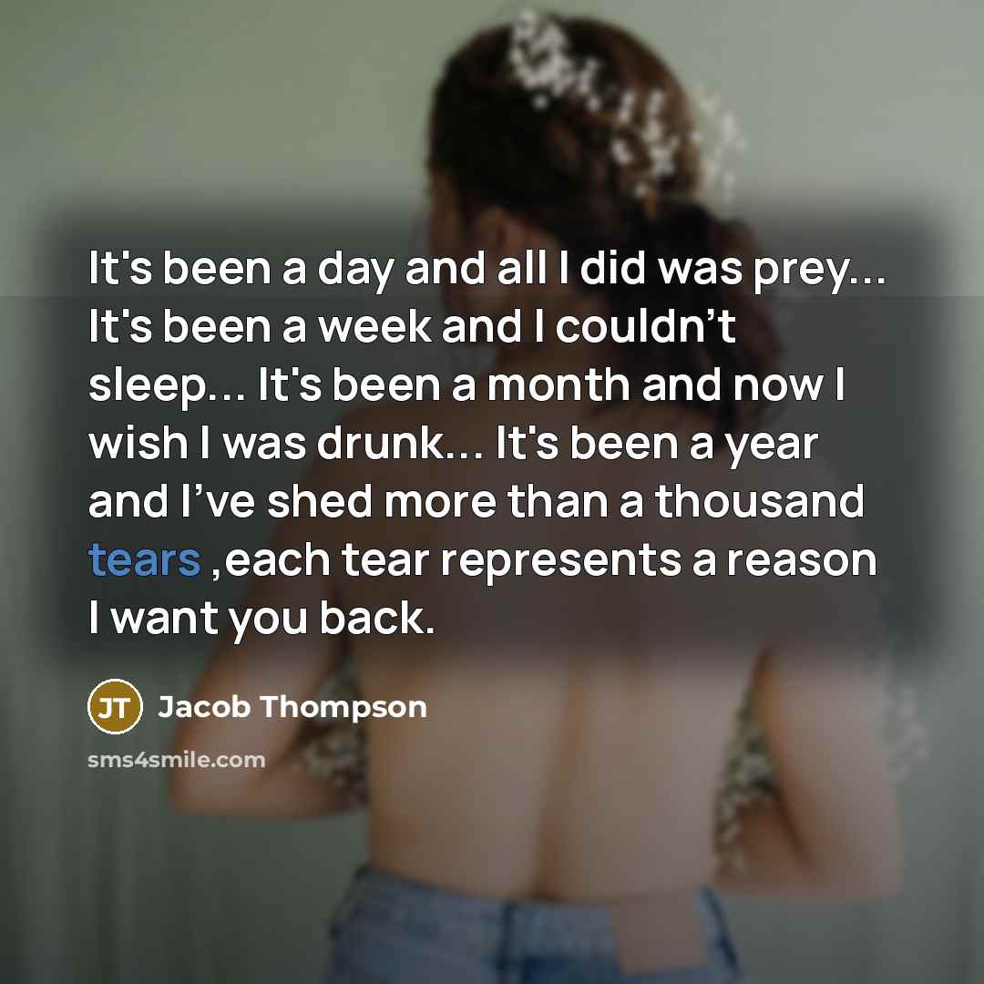 “It's been a day and all I did was prey... It's been a week and I couldn't sleep... It's been a month and now I wish I was drunk... It's been a year and I've shed more than a thousand tears ,each tear represents a reason I want you back.” quote by Jacob Thompson