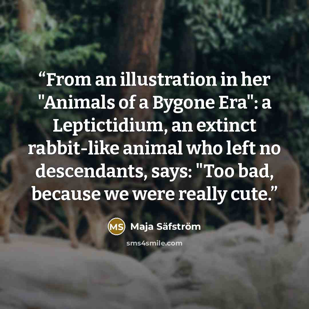 “From an illustration in her "Animals of a Bygone Era": a Leptictidium, an extinct rabbit-like animal who left no descendants, says: "Too bad, because we were really cute.” quote by Maja Säfström
