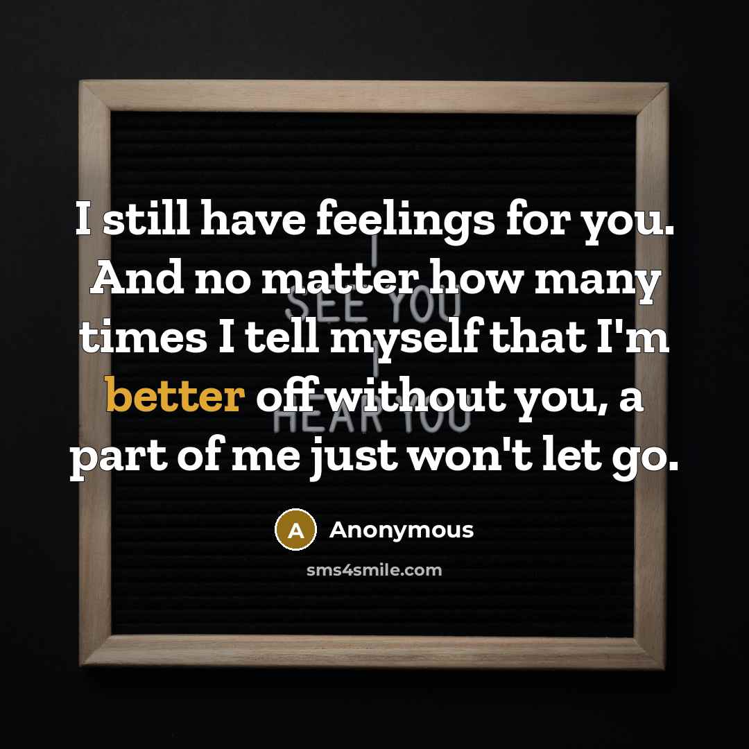 “I still have feelings for you. And no matter how many times I tell myself that I'm better off without you, a part of me just won't let go.” quote by Anonymous