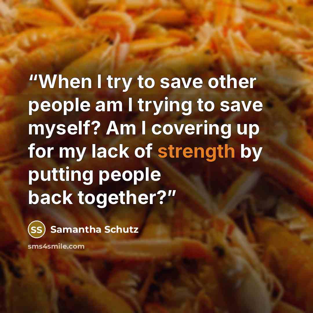 “When I try to save other people am I trying to save myself? Am I covering up for my lack of strength by putting people back together?” quote by Samantha Schutz