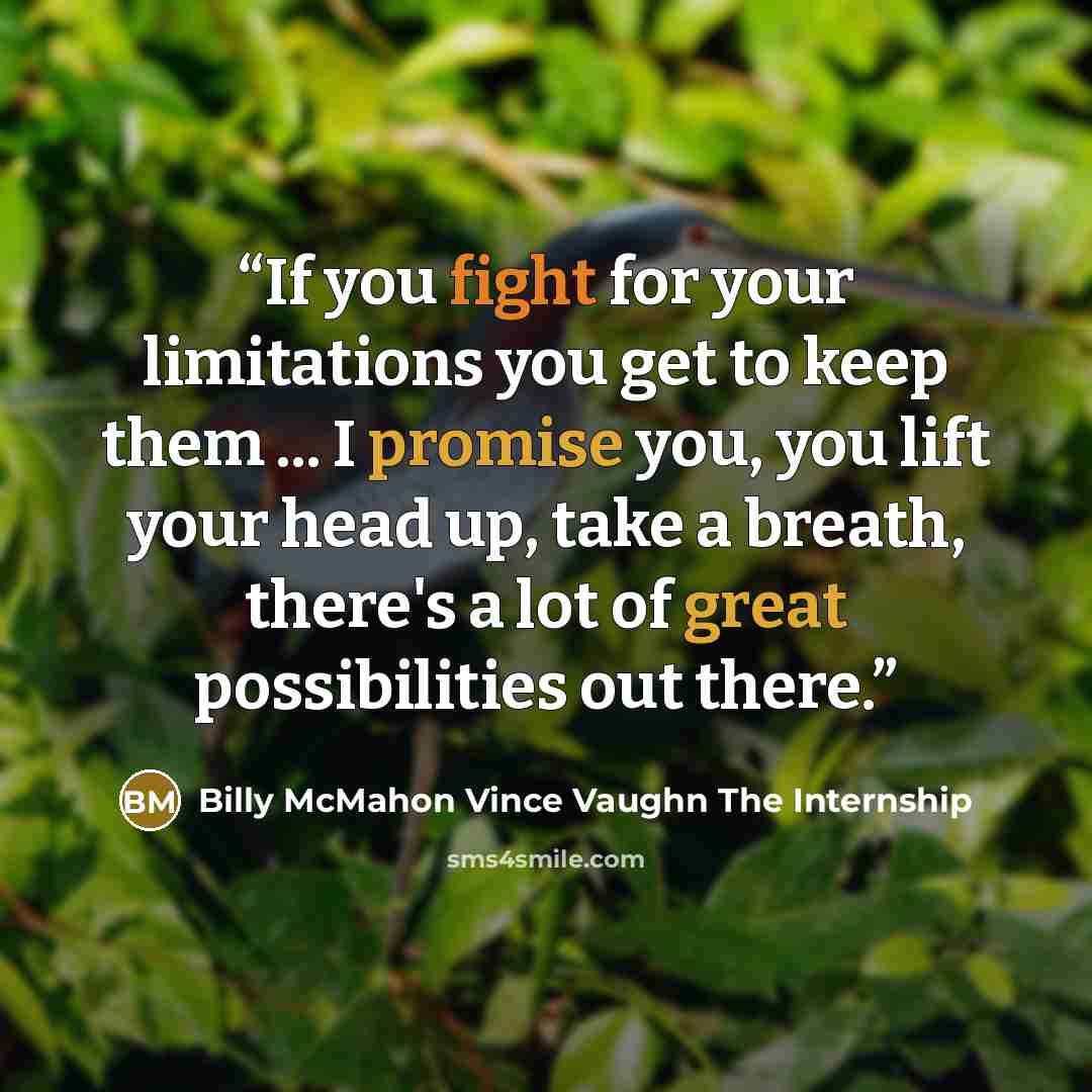 “If you fight for your limitations you get to keep them ... I promise you, you lift your head up, take a breath, there's a lot of great possibilities out there.” quote by Billy McMahon Vince Vaughn The Internship