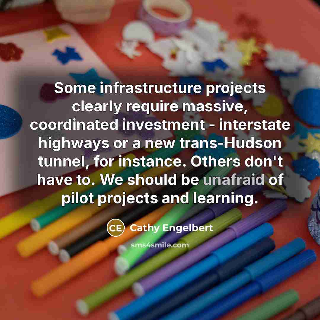 “Some infrastructure projects clearly require massive, coordinated investment - interstate highways or a new trans-Hudson tunnel, for instance. Others don't have to. We should be unafraid of pilot projects and learning.” quote by Cathy Engelbert