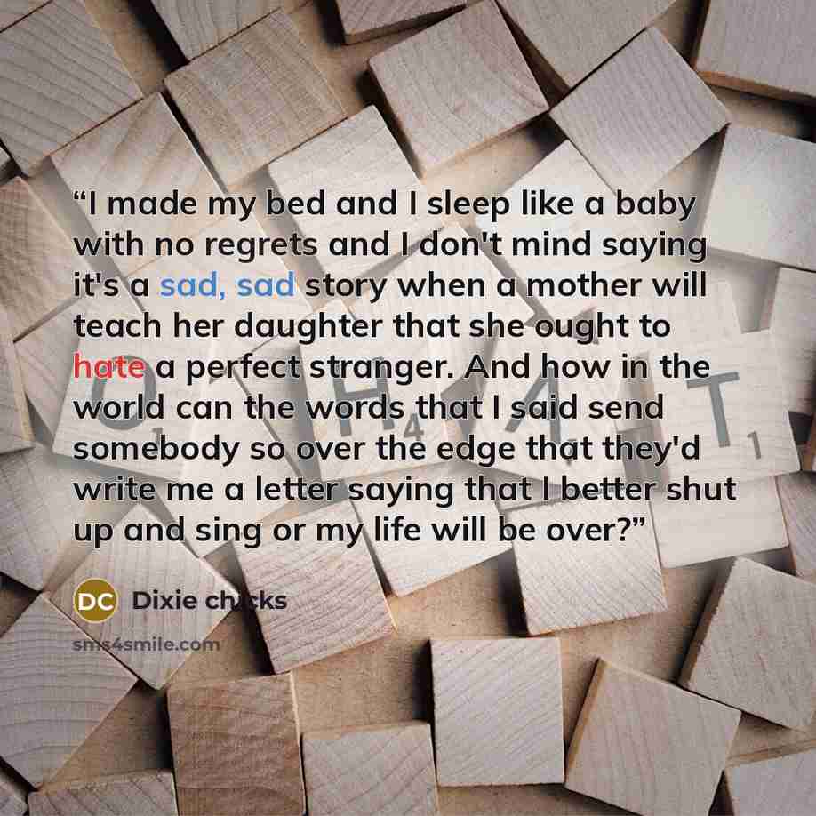 “I made my bed and I sleep like a baby with no regrets and I don't mind saying it's a sad, sad story when a mother will teach her daughter that she ought to hate a perfect stranger. And how in the world can the words that I said send somebody so over the edge that they'd write me a letter saying…” quote by Dixie Chicks