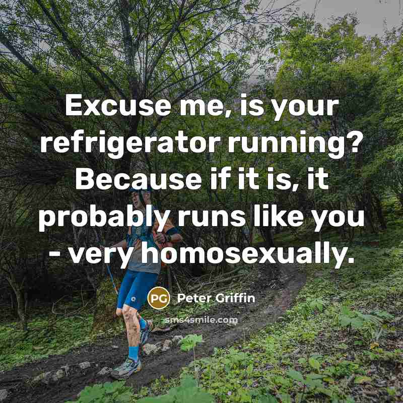 “Excuse me, is your refrigerator running? Because if it is, it probably runs like you - very homosexually.” quote by Peter Griffin