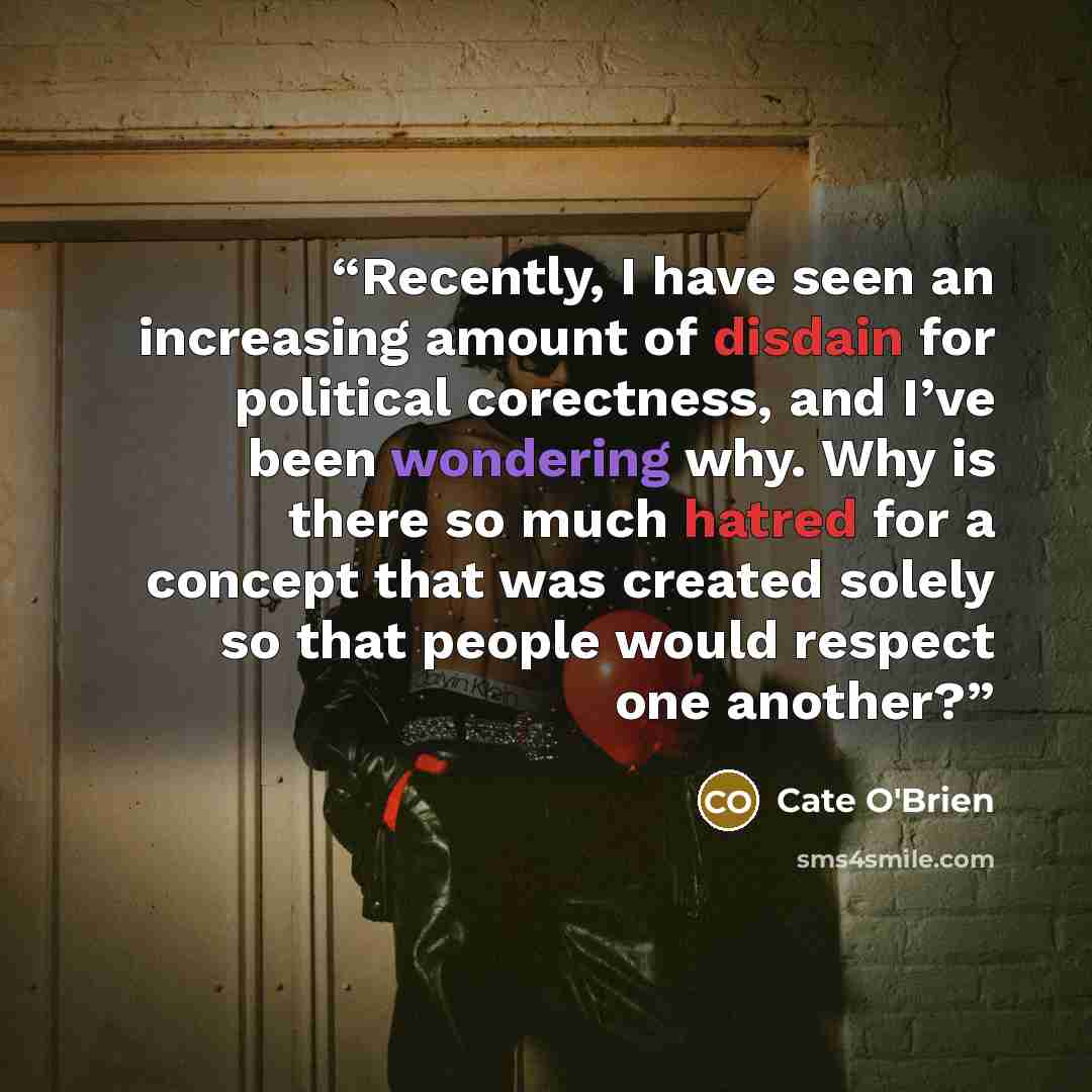 “Recently, I have seen an increasing amount of disdain for political corectness, and I’ve been wondering why. Why is there so much hatred for a concept that was created solely so that people would respect one another?” quote by Cate O'Brien