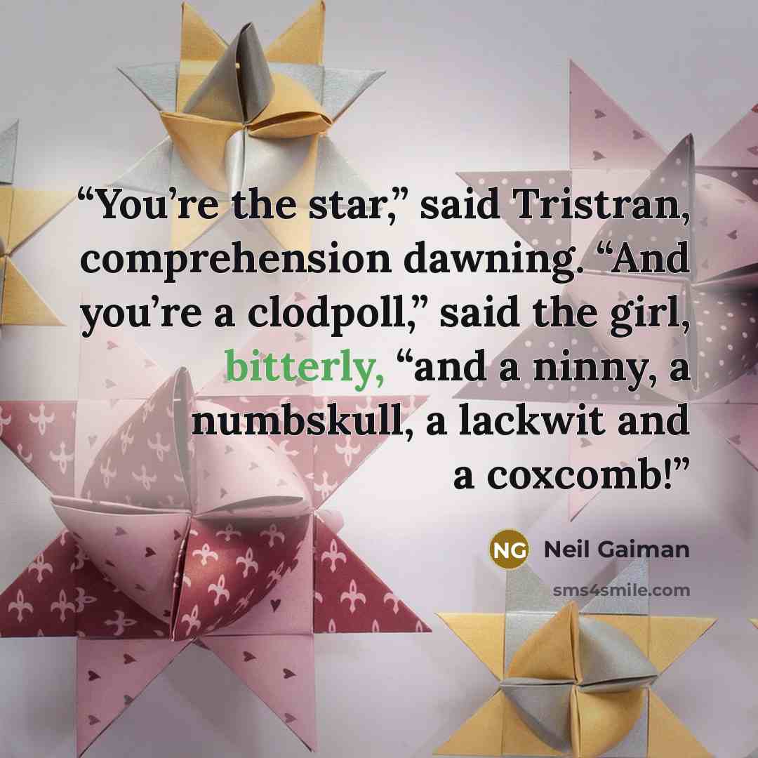 “You’re the star,” said Tristran, comprehension dawning. “And you’re a clodpoll,” said the girl, bitterly, “and a ninny, a numbskull, a lackwit and a coxcomb!” quote by Neil Gaiman