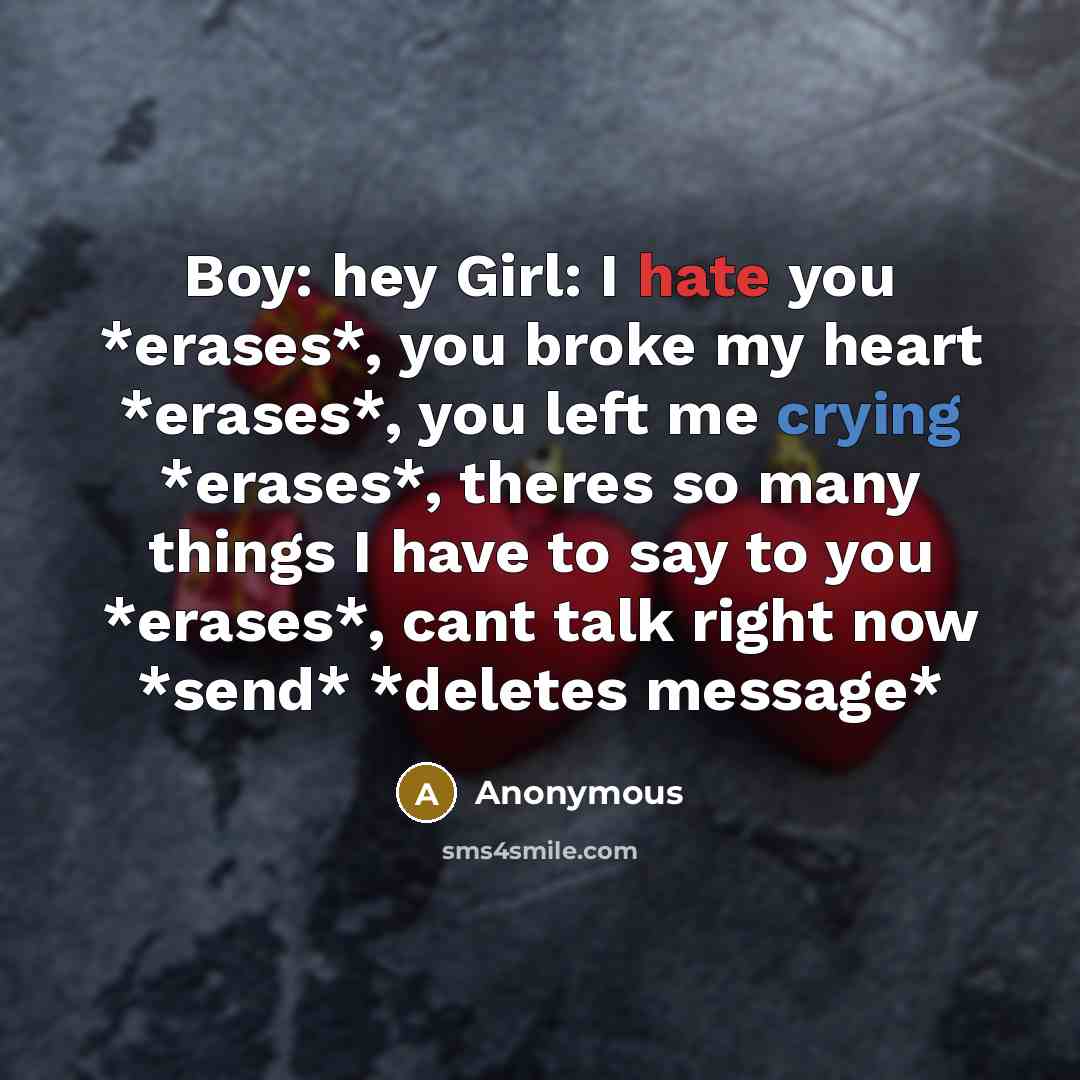 “Boy: hey Girl: I hate you *erases*, you broke my…” quote by Anonymous