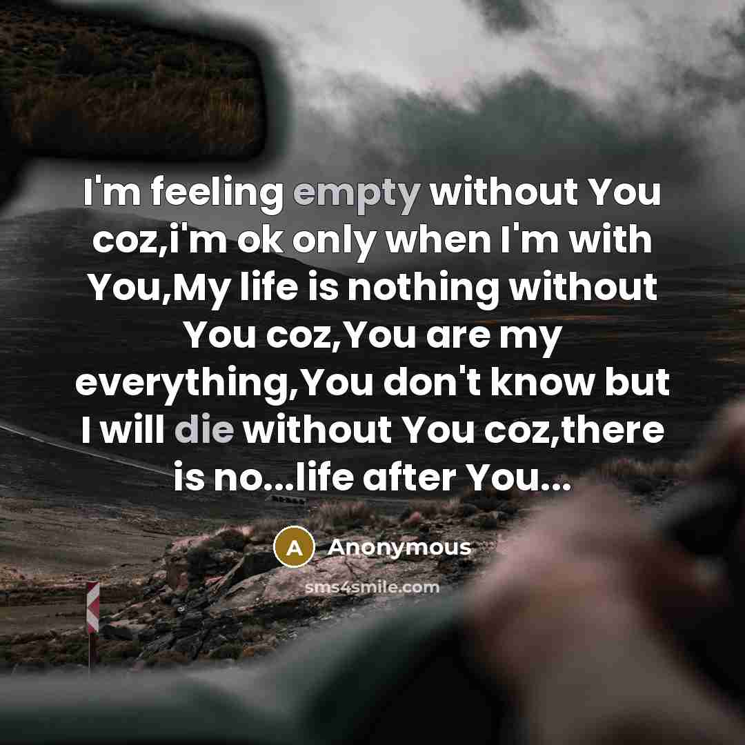 “I'm feeling empty without You coz,i'm ok only when I'm with You,My life is nothing without You coz,You are my everything,You don't know but I will die without You coz,there is no...life after You...” quote by Anonymous
