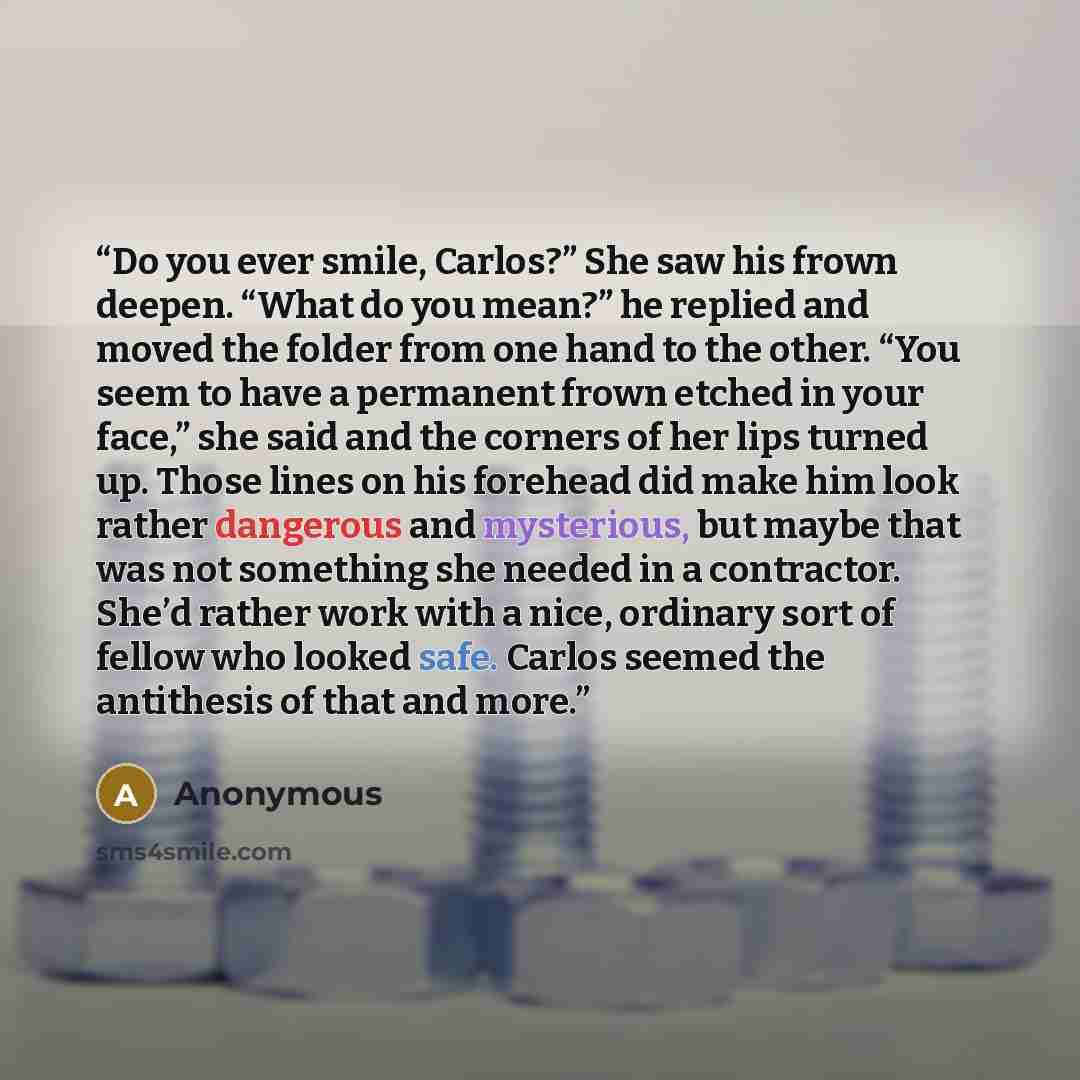 “Do you ever smile, Carlos?” She saw his frown deepen. “What do you mean?” he replied and moved the folder from one hand to the other. “You seem to have a permanent frown etched in your face,” she said and the corners of her lips turned up. Those lines on his forehead did make him look rather…” quote by Anonymous