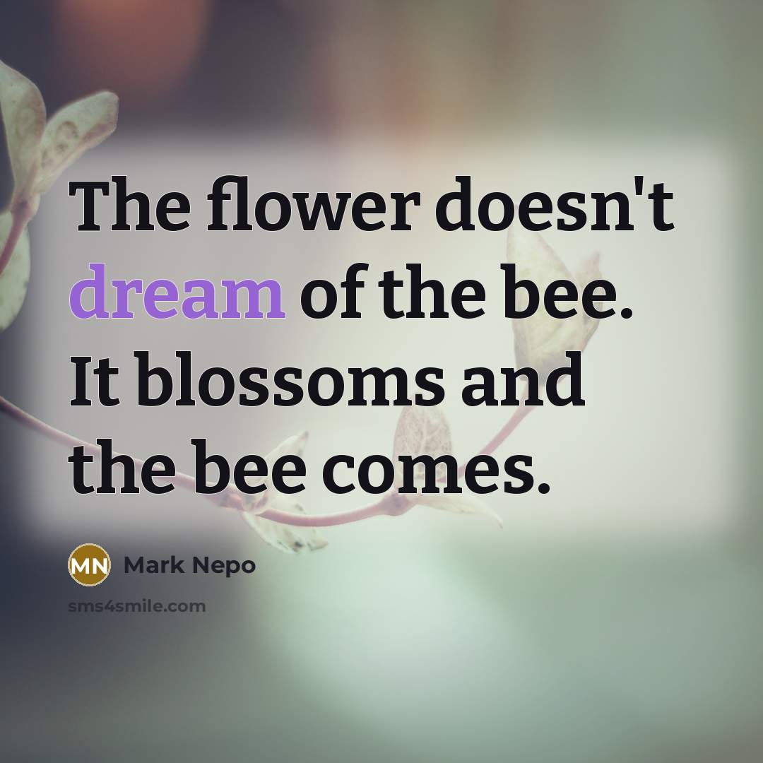 “The flower doesn't dream of the bee. It blossoms and…” quote by Mark Nepo
