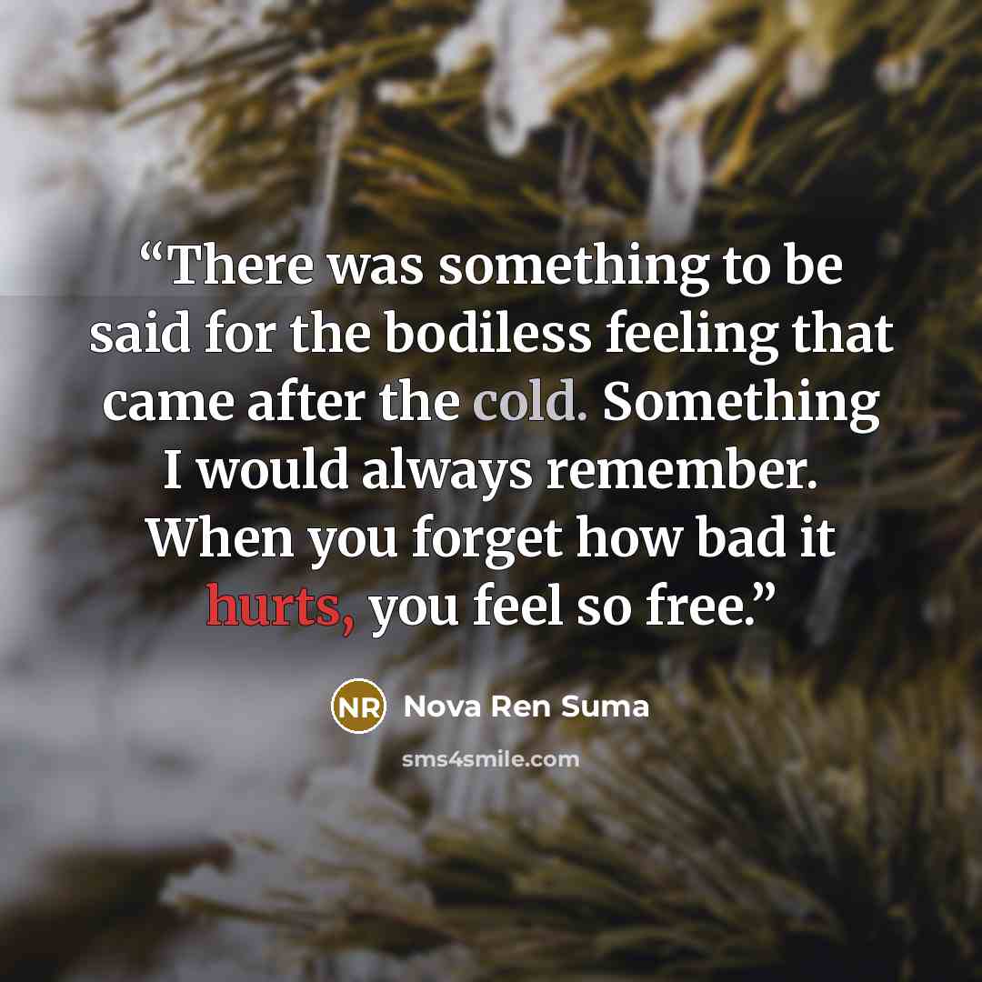 “There was something to be said for the bodiless feeling that came after the cold. Something I would always remember. When you forget how bad it hurts, you feel so free.” quote by Nova Ren Suma