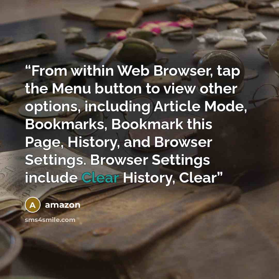 “From within Web Browser, tap the Menu button to view other options, including Article Mode, Bookmarks, Bookmark this Page, History, and Browser Settings. Browser Settings include Clear History, Clear” quote by amazon
