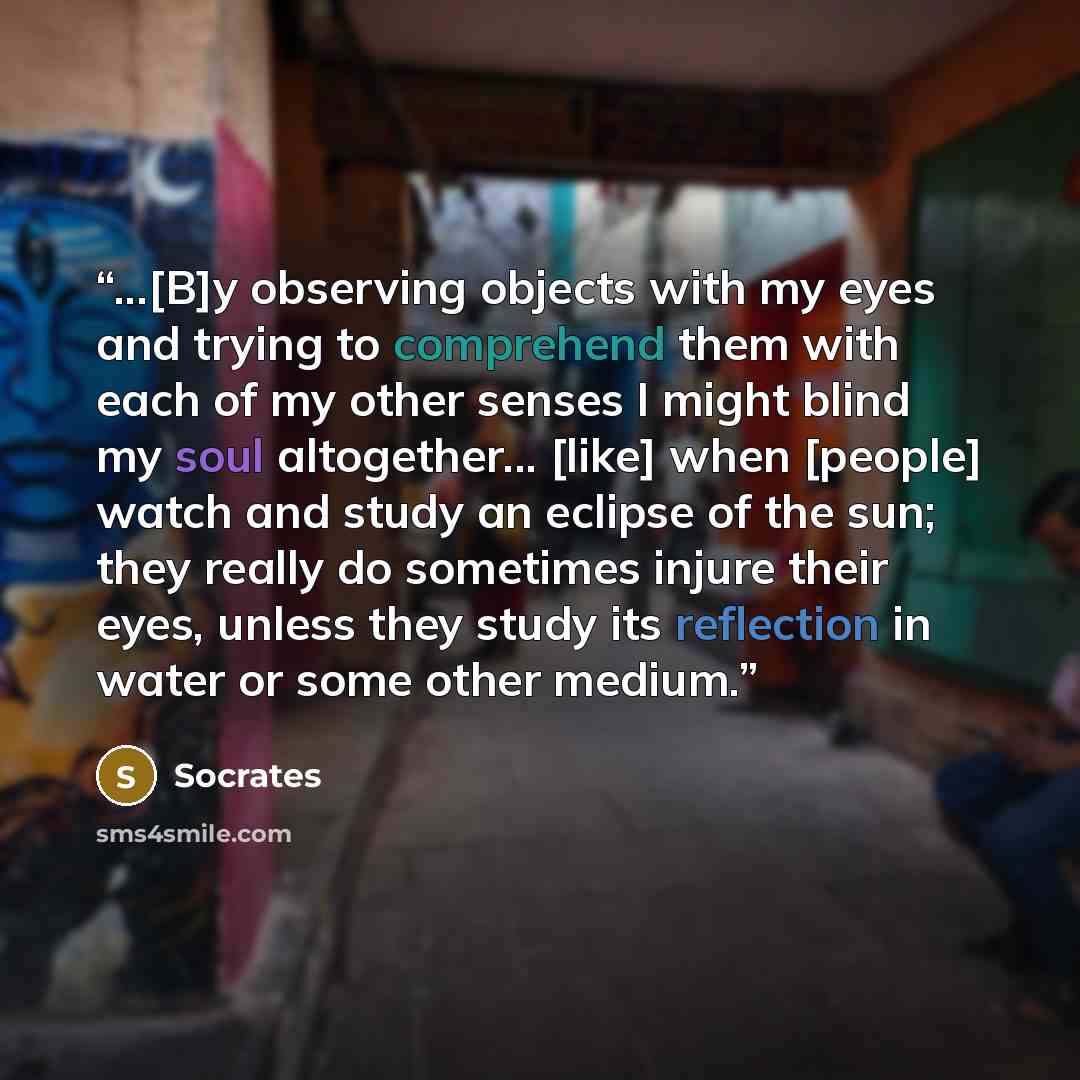 “...[B]y observing objects with my eyes and trying to comprehend them with each of my other senses I might blind my soul altogether... [like] when [people] watch and study an eclipse of the sun; they really do sometimes injure their eyes, unless they study its reflection in water or some other…” quote by Socrates