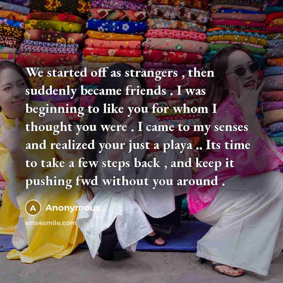 “We started off as strangers , then suddenly became friends . I was beginning to like you for whom I thought you were . I came to my senses and realized your just a playa .. Its time to take a few steps back , and keep it pushing fwd without you around .” quote by Anonymous