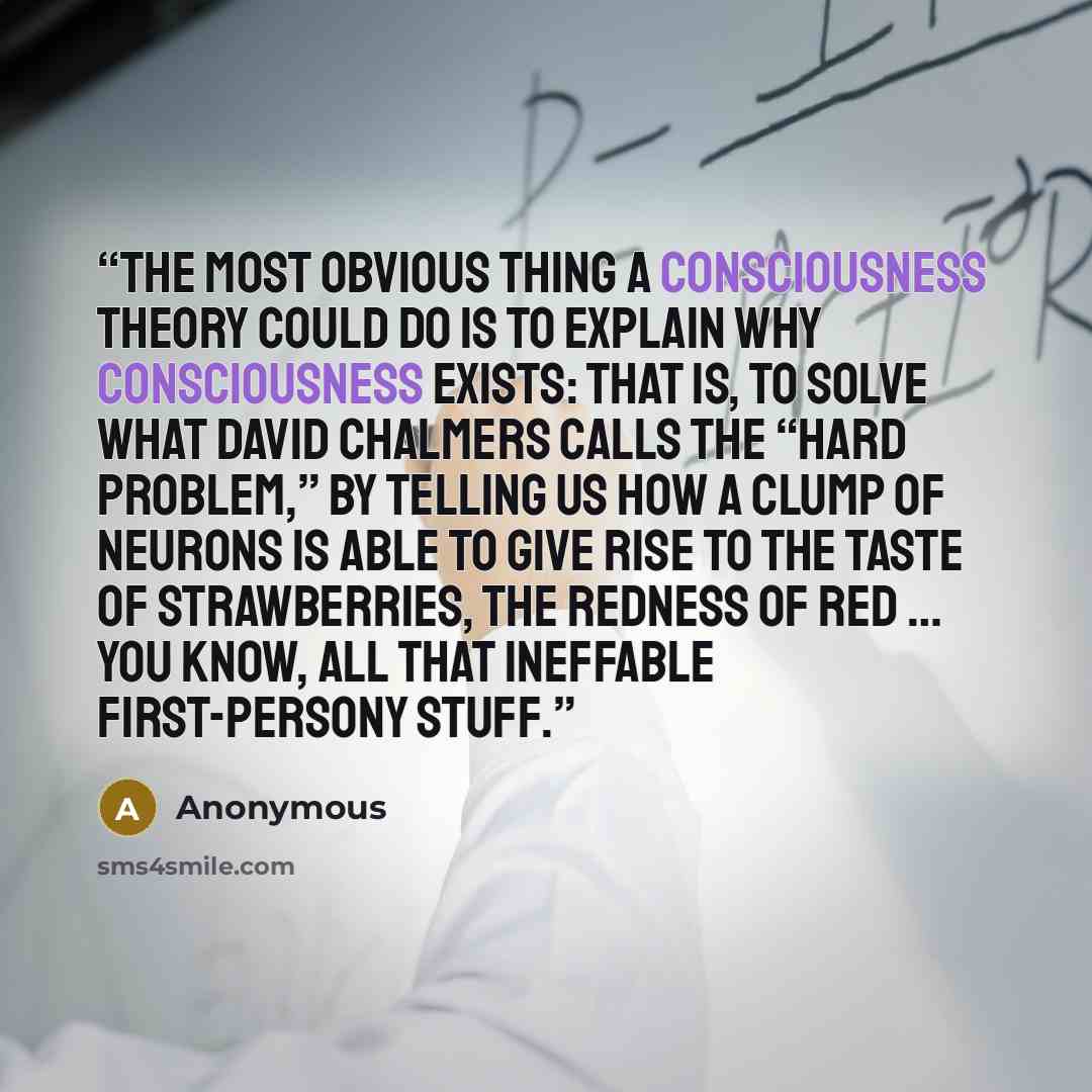 “The most obvious thing a consciousness theory could do is to explain why consciousness exists: that is, to solve what David Chalmers calls the “Hard Problem,” by telling us how a clump of neurons is able to give rise to the taste of strawberries, the redness of red … you know, all that ineffable…” quote by Anonymous