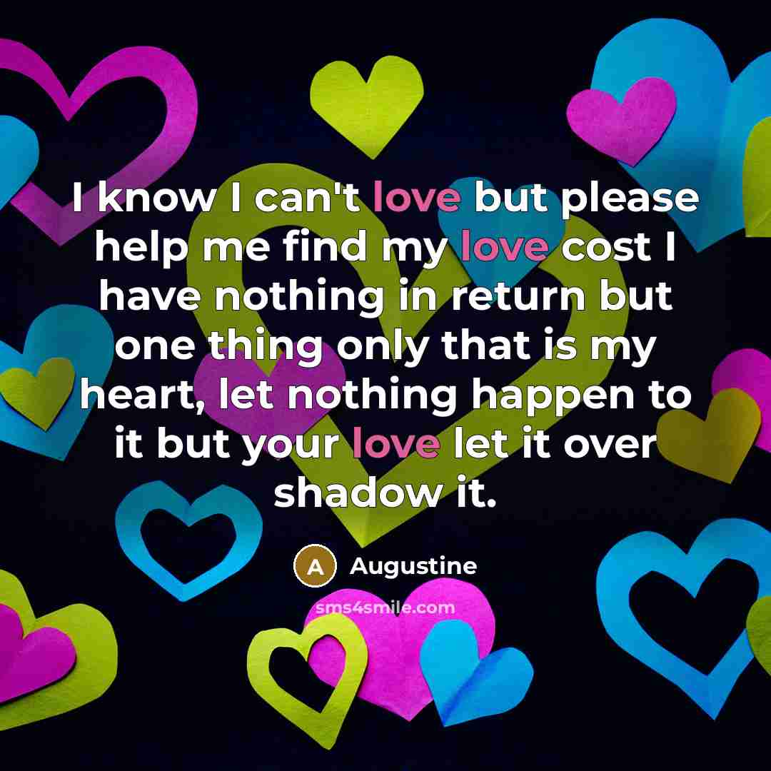 “I know I can't love but please help me find my love cost I have nothing in return but one thing only that is my heart, let nothing happen to it but your love let it over shadow it.” quote by Augustine