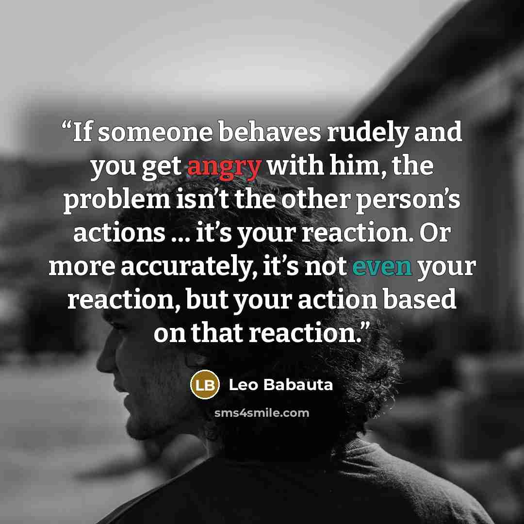 “If someone behaves rudely and you get angry with him, the problem isn’t the other person’s actions … it’s your reaction. Or more accurately, it’s not even your reaction, but your action based on that reaction.” quote by Leo Babauta
