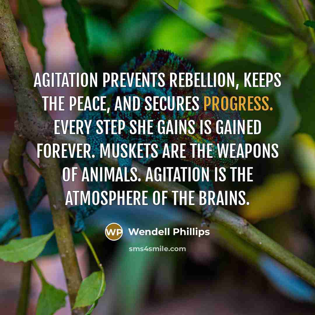 “Agitation prevents rebellion, keeps the peace, and secures progress. Every…” quote by Wendell Phillips