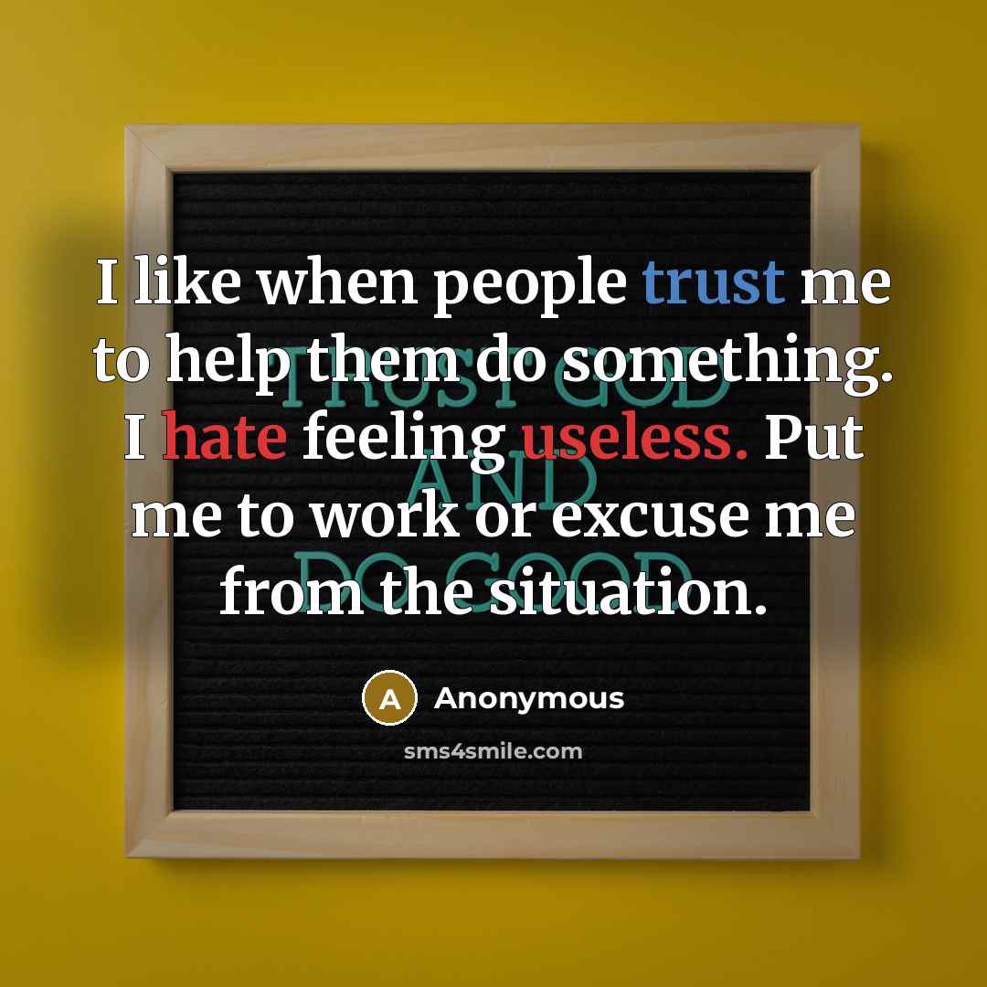 “I like when people trust me to help them do something. I hate feeling useless. Put me to work or excuse me from the situation.” quote by Anonymous