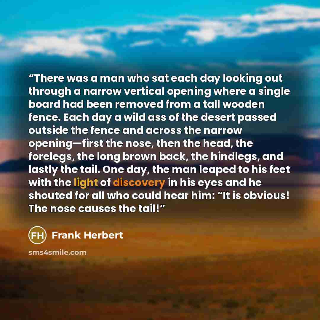 “There was a man who sat each day looking out through a narrow vertical opening where a single board had been removed from a tall wooden fence. Each day a wild ass of the desert passed outside the fence and across the narrow opening—first the nose, then the head, the forelegs, the long brown back…” quote by Frank Herbert