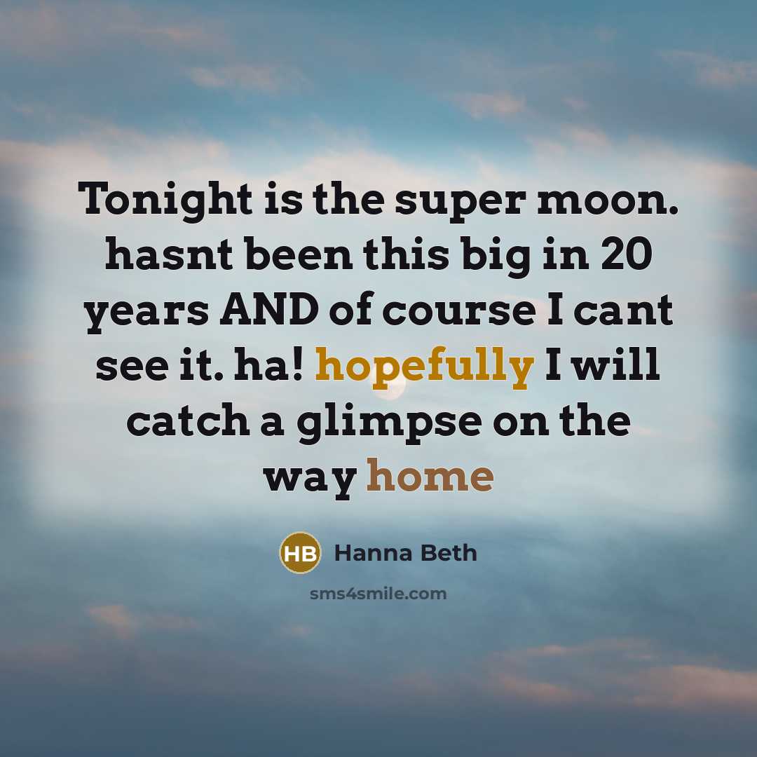 “Tonight is the super moon. hasnt been this big in 20 years AND of course I cant see it. ha! hopefully I will catch a glimpse on the way home” quote by Hanna Beth