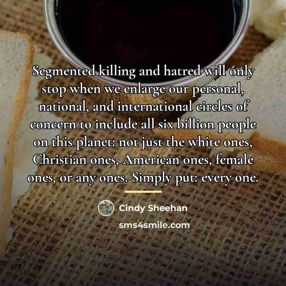 “Segmented killing and hatred will only stop when we enlarge…” quote by Cindy Sheehan