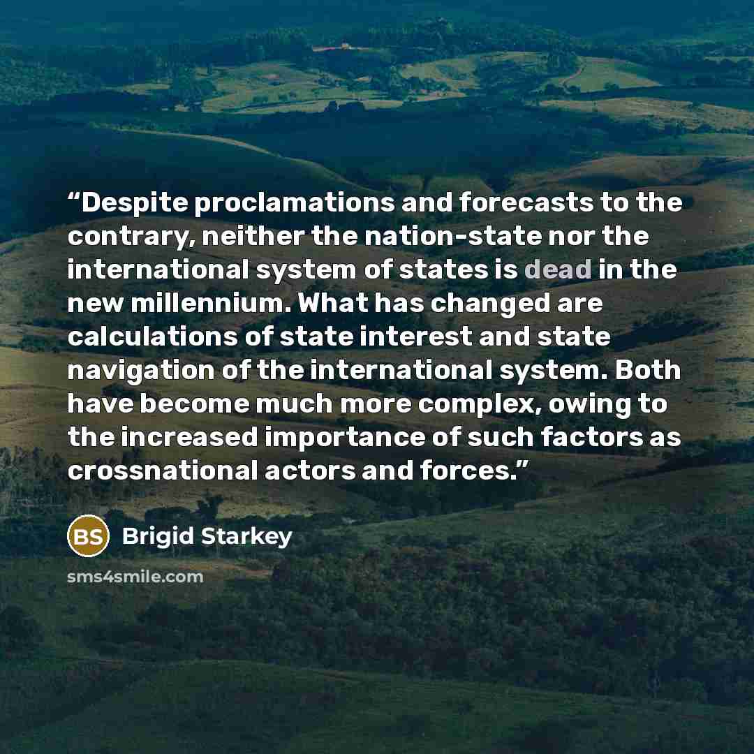 “Despite proclamations and forecasts to the contrary, neither the nation-state nor the international system of states is dead in the new millennium. What has changed are calculations of state interest and state navigation of the international system. Both have become much more complex, owing to the…” quote by Brigid Starkey