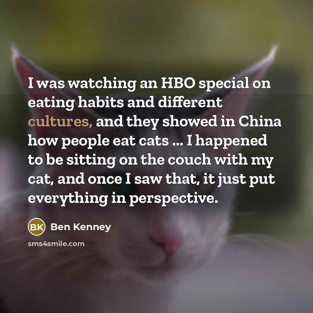 “I was watching an HBO special on eating habits and different cultures, and they showed in China how people eat cats ... I happened to be sitting on the couch with my cat, and once I saw that, it just put everything in perspective.” quote by Ben Kenney
