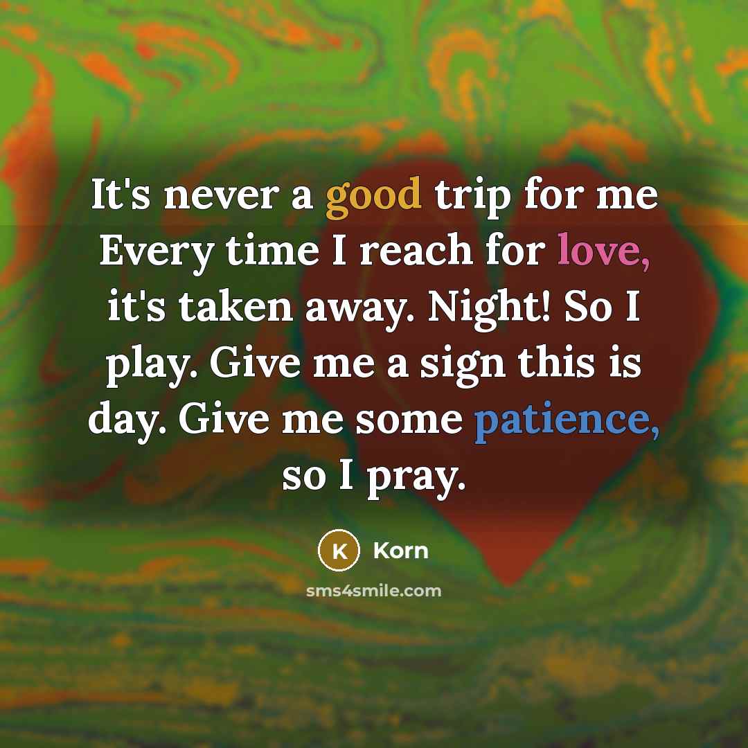 “It's never a good trip for me Every time I reach for love, it's taken away. Night! So I play. Give me a sign this is day. Give me some patience, so I pray.” quote by Korn