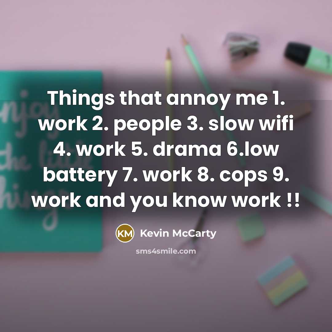 “Things that annoy me 1. work 2. people 3. slow wifi 4. work 5. drama 6.low battery 7. work 8. cops 9. work and you know work !!” quote by Kevin McCarty