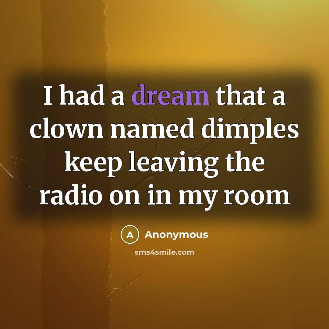 “I had a dream that a clown named dimples keep leaving the radio on in my room” quote by Anonymous