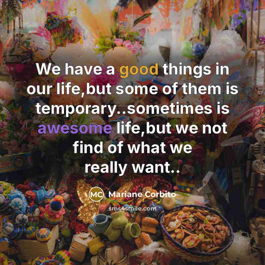 “We have a good things in our life,but some of them is temporary..sometimes is awesome life,but we not find of what we really want..” quote by Mariane Corbito