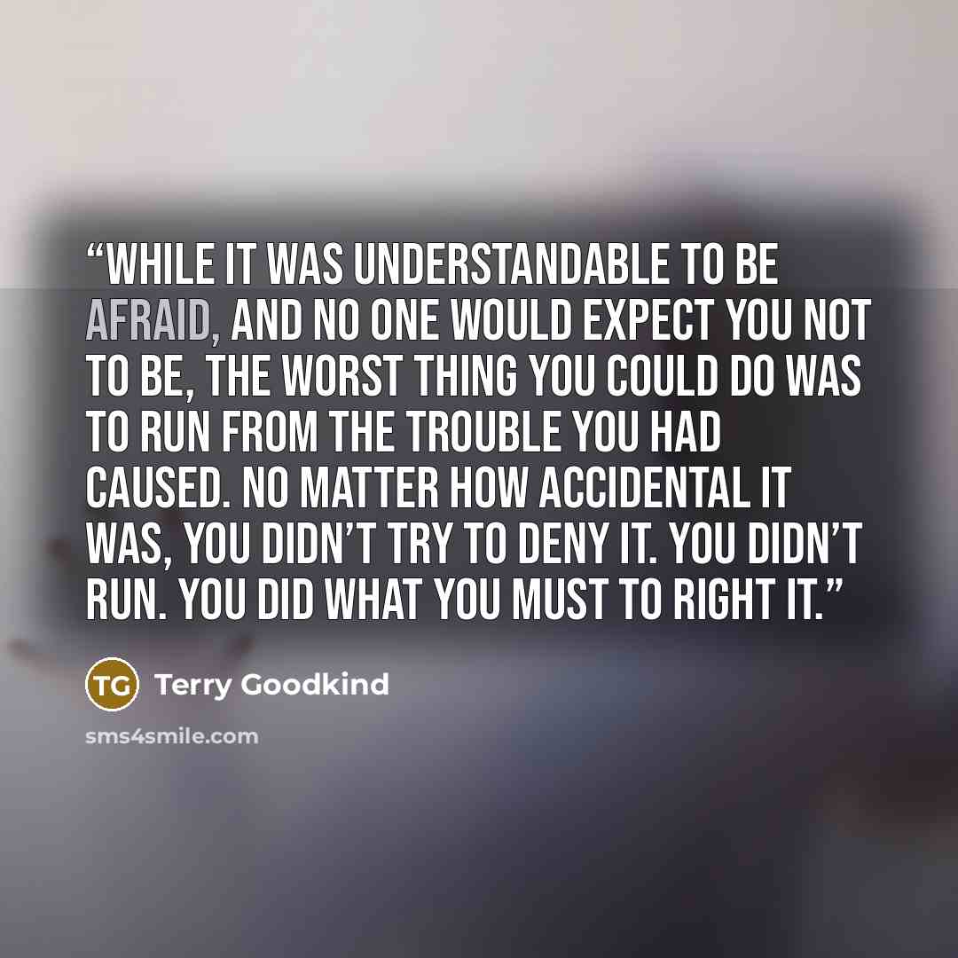 “While it was understandable to be afraid, and no one would expect you not to be, the worst thing you could do was to run from the trouble you had caused. No matter how accidental it was, you didn’t try to deny it. You didn’t run. You did what you must to right it.” quote by Terry Goodkind