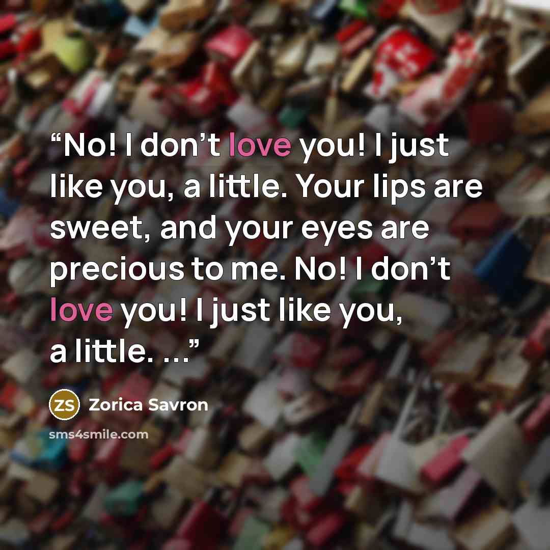 “No! I don’t love you! I just like you, a little. Your lips are sweet, and your eyes are precious to me. No! I don’t love you! I just like you, a little. ...” quote by Zorica Savron