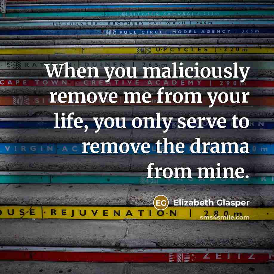 “When you maliciously remove me from your life, you only serve to remove the drama from mine.” quote by Elizabeth Glasper