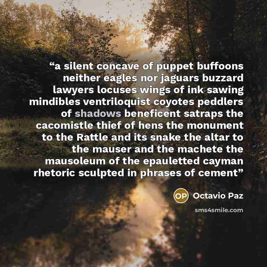 “a silent concave of puppet buffoons neither eagles nor jaguars buzzard lawyers locuses wings of ink sawing mindibles ventriloquist coyotes peddlers of shadows beneficent satraps the cacomistle thief of hens the monument to the Rattle and its snake the altar to the mauser and the machete the…” quote by Octavio Paz