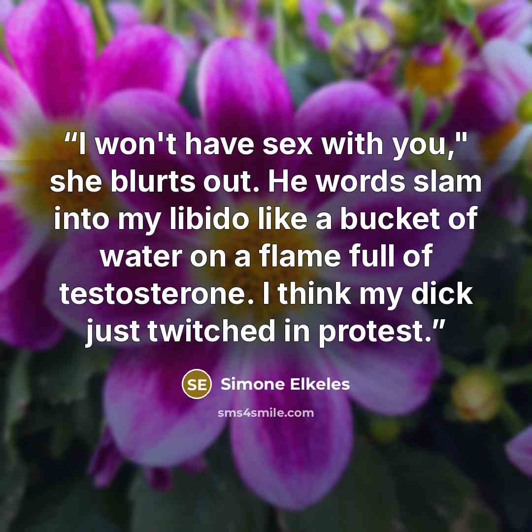 “I won't have sex with you," she blurts out. He words slam into my libido like a bucket of water on a flame full of testosterone. I think my dick just twitched in protest.” quote by Simone Elkeles