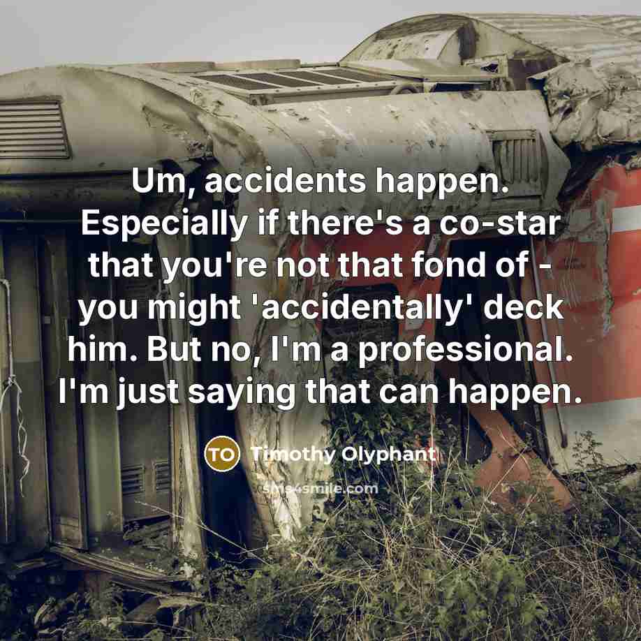 “Um, accidents happen. Especially if there's a co-star that you're not that fond of - you might 'accidentally' deck him. But no, I'm a professional. I'm just saying that can happen.” quote by Timothy Olyphant