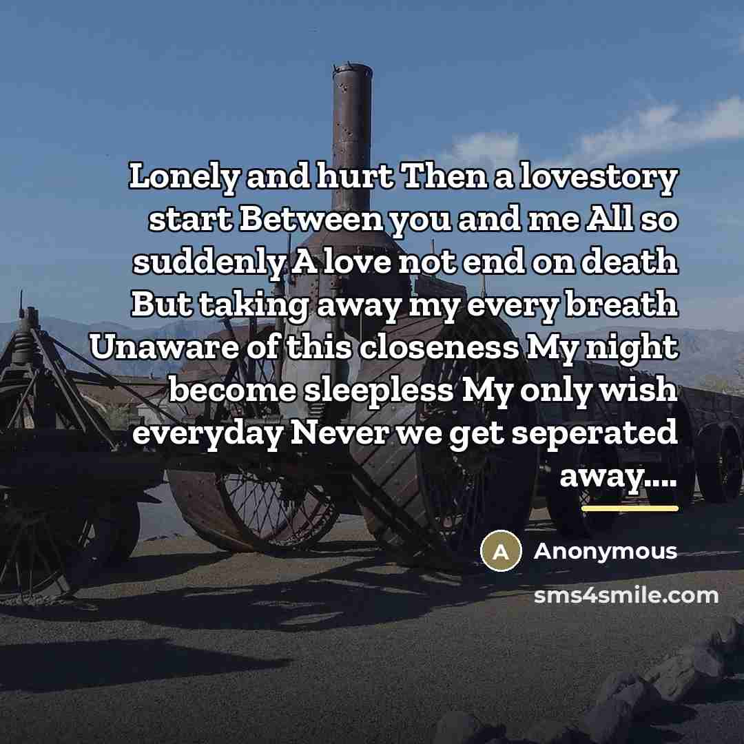 “Lonely and hurt Then a lovestory start Between you and…” quote by Anonymous