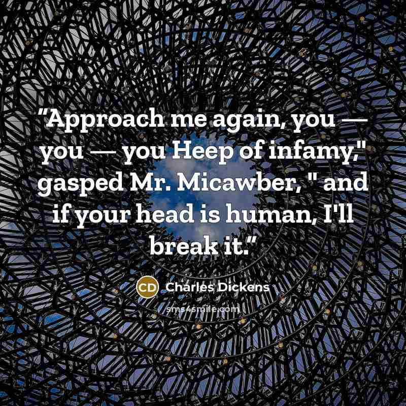 “Approach me again, you — you — you Heep of infamy," gasped Mr. Micawber, " and if your head is human, I'll break it.” quote by Charles Dickens