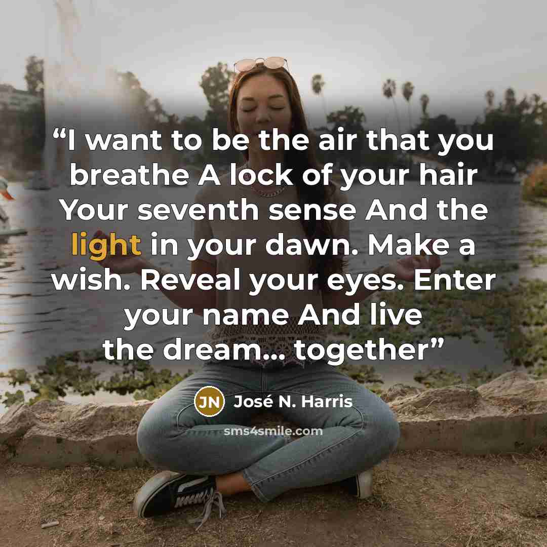 “I want to be the air that you breathe A lock of your hair Your seventh sense And the light in your dawn. Make a wish. Reveal your eyes. Enter your name And live the dream… together” quote by José N. Harris