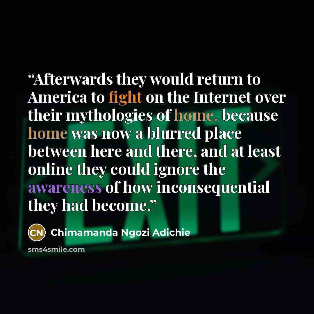 “Afterwards they would return to America to fight on the Internet over their mythologies of home, because home was now a blurred place between here and there, and at least online they could ignore the awareness of how inconsequential they had become.” quote by Chimamanda Ngozi Adichie